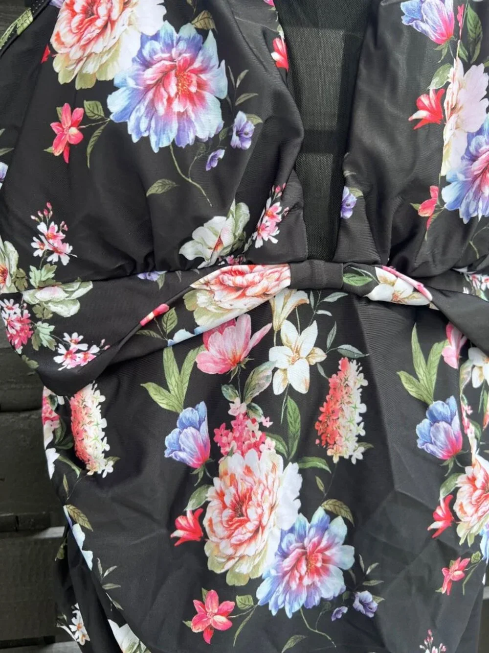 NWT Women’s Black Floral One Piece Swimsuit Mesh Chest Panel See Through Detail